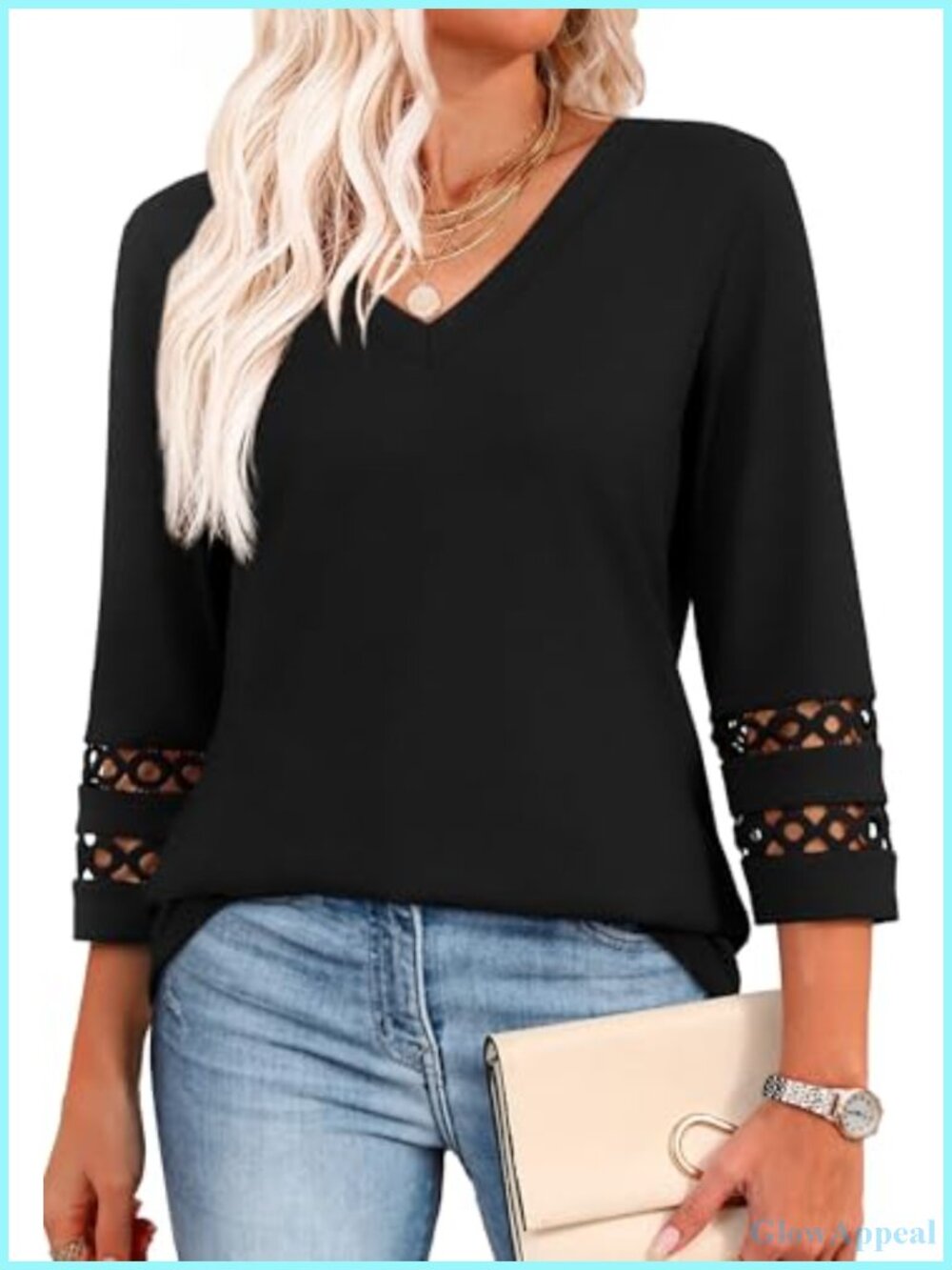 Womens 3/4 Sleeve V Neck Lace Detail Blouse Dressy Casual Summer Top